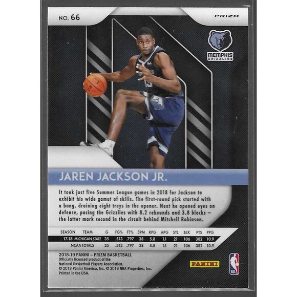 2018-19 Panini Prizm Hyper Jaren Jackson Jr. RC #66 Memphis Grizzlies - Picture 2 of 2